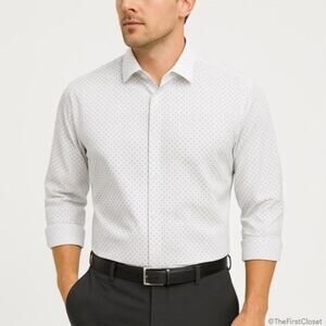 Calvin Klein Steel+ Slim Fit Dress‎ Shirt XL 17.5 32/33 White Micro Square Print